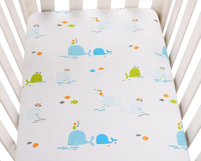Bassinet Sheets Compatible with Chicco Lullago Anywhere & Baby Bjorn Cradle Bassinet, 2 Pack, 100% Jersey Knit Cotton 190GSM, Ultra Soft Breathable, Dolphin and Whale