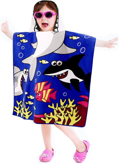 Kids Shark Hooded Beach Towel Boys Cute Poncho Pool Beach Towels with Hood 24*47 in Soft Microfiber Swim Cover-ups for Kids Ages 3-10 Thick Absorbent Cotton Hooded Bath Towel Wrap Bathrobe