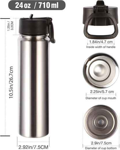 Volhoply 24oz Insulated Water Bottle With Straw Bulk 3 Pack,Metal Wide Mouth Water Bottles With Handle Lid Keep Cold,Reusable Double Wall Thermos,Powder Coated Sport Bottle For Holder(Silver,3 Count)