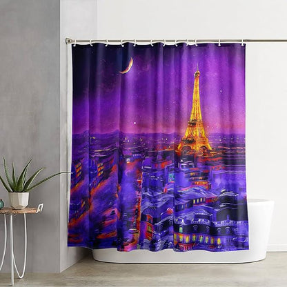 AILONEN Paris Tower Shower Curtain,Purple Glowing City Waterproof Fabric Shower Curtain for Girls Boys Kids Teens, 48" W*72" H Night Eiffel Tower Oil Painting Shower Curtain