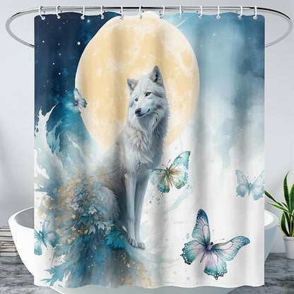 AILONEN 3D Printed Wolf Shower Curtain, Watercolor Floral Wolf Bath Curtain for Boys Girls Kids,Modern Minimalist White Waterproof Fabric Shower Curtain 60" W*72" H