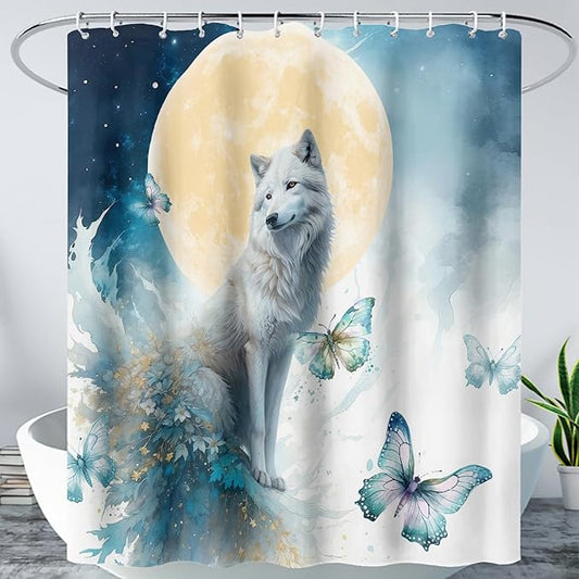 AILONEN 3D Printed Wolf Shower Curtain, Watercolor Floral Wolf Bath Curtain for Boys Girls Kids,Modern Minimalist White Waterproof Fabric Shower Curtain 48" W*72" H