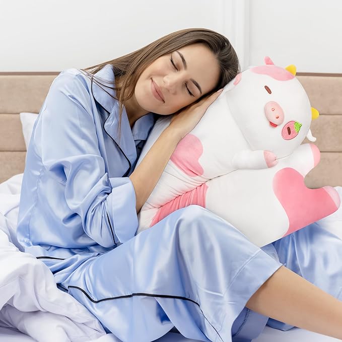 Long Cow Plush Kawaii Kids Plush Toy Pillows, Cute Cow Stuffed Animals Soft Plushies, Kitten Big Plush Toys Throw Body Pillow Doll Gift for Girls Boys (Strawberry Cow 44 Inch
