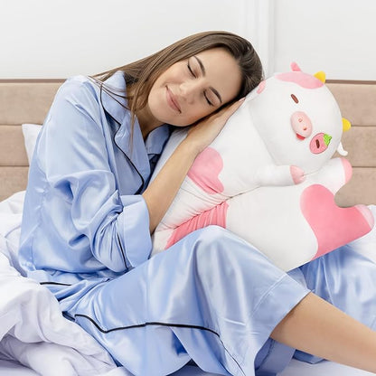 Long Cow Plush Kawaii Kids Plush Toy Pillows, Cute Cow Stuffed Animals Soft Plushies, Kitten Big Plush Toys Throw Body Pillow Doll Gift for Girls Boys (Strawberry Cow 44 Inch