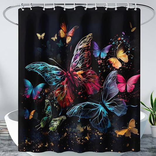 AILONEN Colorful Butterfly Shower Curtain, Tie Dye Butterfly Bath Curtain,Modern Fashion Minimalist Decorative Shower Curtain with 12 Plastic Hooks (Kids/Girls/Women/Teen/) Black 72" W*84" H