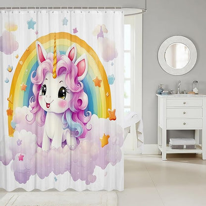 Feelyou Cute Unicorn Fabric Shower Curtain Kids Rainbow Bathroom Waterproof Accessories with 12 Hooks for Boys Girls Bright Colorful Shower Curtain Star Cloud Curtains,72x84 Inches