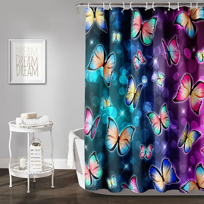AILONEN Colorful Butterfly Shower Curtains,Gradient Butterfly Bath Curtain for Bathroom Decor,Polyester Waterproof with 12 Plastic Hooks 60" W*72" H