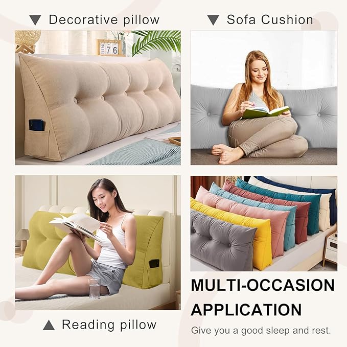 Large Triangular Headboard Pillows Long Backrest Positioning Support Bolster Cushion for Daybed Fluffy Quality Plush Body Wedge Pillow with Removable Cover(Dark grey-24x8x20in)