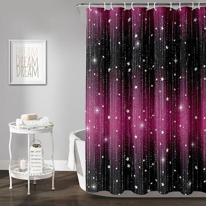 AILONEN White Starry Shower Curtain,Dreamy Starry Sky Bathroom Fabric Shower Curtain for Girls Boys Kids Teens, 72" W*84" H Black and Purple Theme Bathroom Decor