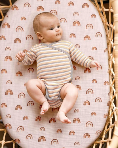 Blissful Diary Muslin Bassinet Sheets for Baby Girls Boys, Boho Soft Cotton Fitted for Oval Hourglass Rectangle Mattress, 2 Pack(Rainbow&Cedar)