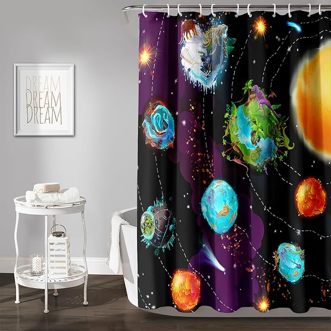 AILONEN Galaxy Shower Curtains for Boys,Solar System Bath Curtains,Outer Space Curtains for Bathroom Decor, 48" W*72" H Polyester Waterproof with 12 Hooks