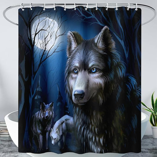 AILONEN Cool Wolf Shower Curtain,Evening Moon Wolf Bath Curtain for Bathroom Decor,Polyester Waterproof for Shower,72" W*96" H with 12 Plastic Hooks