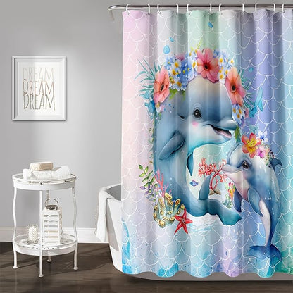 AILONEN Cute Dolphin Shower Curtain,Color Mermaid Scale Print Shower Curtain with 12 Plastic Hooks,Kawaii Ocean Dolphin Print Bath Curtain Decorative Waterproof 72" W*84" H