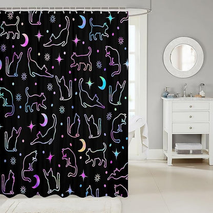 Manfei Cute Cats Silhouettes Kids Shower Curtains,Sun Moon Starry Sky Boho Bathroom Curtains for Girls Boys,Cartoon Animals Pets Neon Purple Romantic Waterproof Curtains,12 Hooks Suits,72" W x 78" L