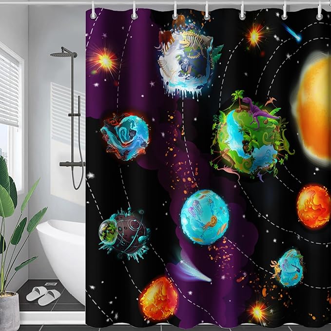 AILONEN Galaxy Shower Curtains for Boys,Solar System Bath Curtains,Outer Space Curtains for Bathroom Decor, 48" W*72" H Polyester Waterproof with 12 Hooks