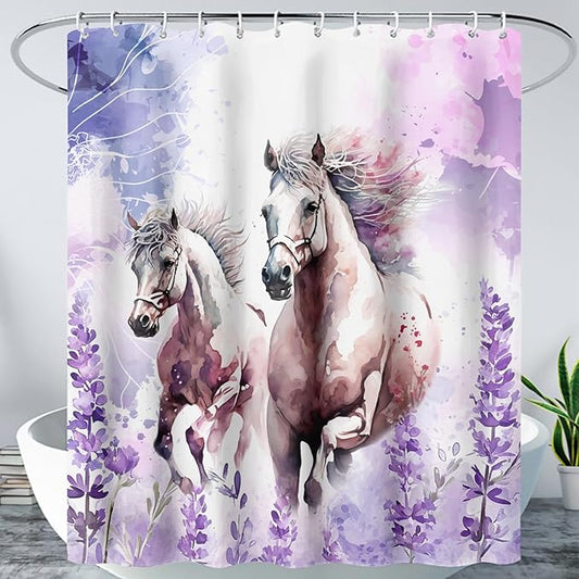 AILONEN Watercolor Flower Horse Shower Curtain,Galloping Horse Bath Curtain,Purple Lavender Horse Decoration Bathroom Curtain with 12 Plastic Hooks,Waterproof 48" W*72" H