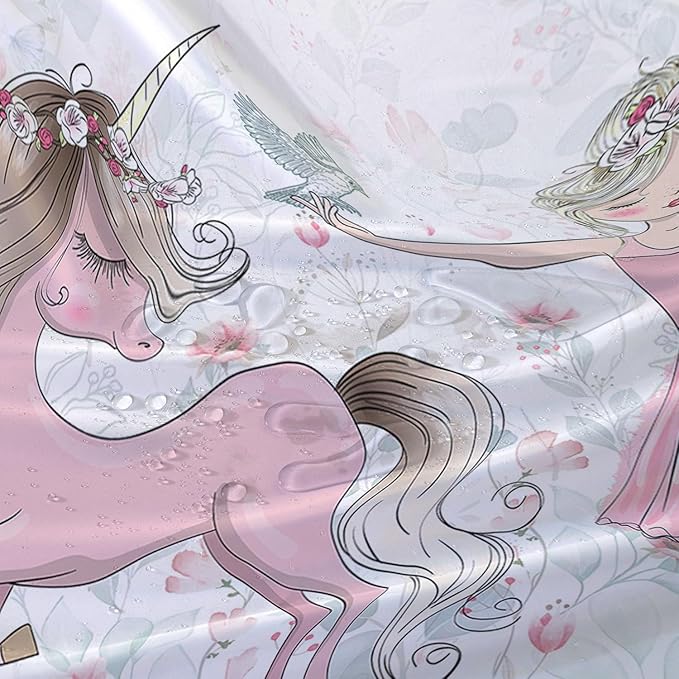 AILONEN Unicorn Shower Curtain, Cartoon Unicorn with Ballerina Girl Shower Curtain Set for Girls Teens Kids,Watercolor Pink Flowers Fabric Shower Curtain for Bathroom,72" W*84" H