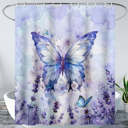 AILONEN Beautiful Butterfly Shower Curtain,Purple Butterfly Bath Curtain for Bathroom for Girls,Lavender Flower Shower Curtain,Watercolor Tie Dye Shower Curtain Set with Hooks,72" W*84" H