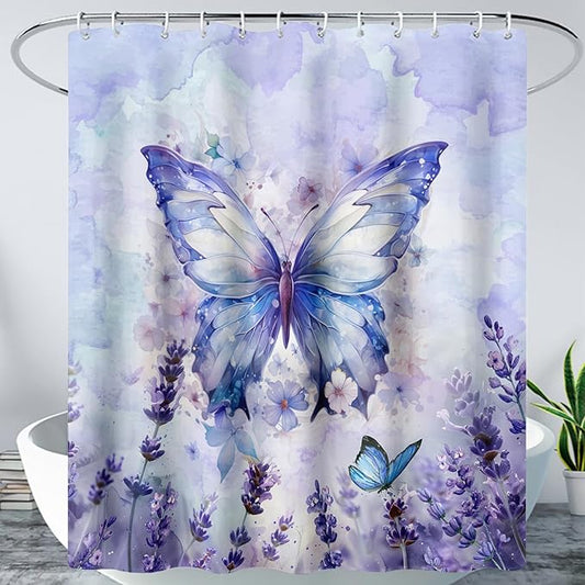 AILONEN Beautiful Butterfly Shower Curtain,Purple Butterfly Bath Curtain for Bathroom for Girls,Lavender Flower Shower Curtain,Watercolor Tie Dye Shower Curtain Set with Hooks,72" W*84" H