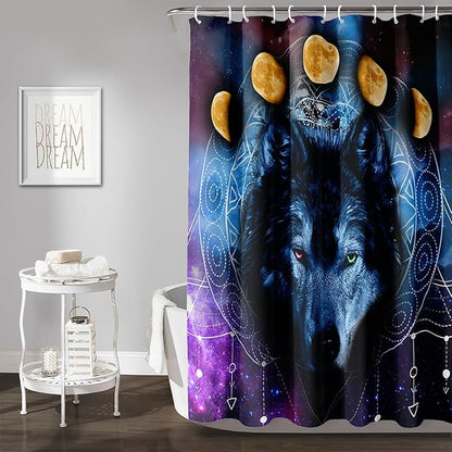 AILONEN Wolf Shower Curtain,Boho Moon Wolf Bath Curtain for Bathroom Decor,Galaxy Wolf Polyester Waterproof Whit 12 Plastic Hooks 72" W*78" H