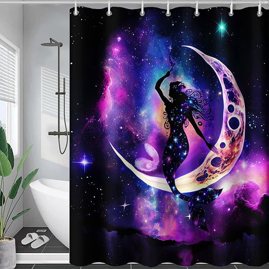 AILONEN Mermaid Shower Curtain, Galaxy Shine Mermaid Theme Shower Curtain Set,Dream Nebula and Moon Waterproof Shower Curtains for Girls Teens Kids,72" W*96" H