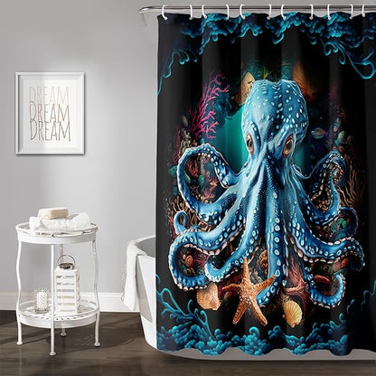AILONEN Cartoon Blue Octopus Shower Curtain for Bathroom,Funny Octopus Bath Curtain for Kids,Boys,Girls,Ocean Animal Starfish Theme Waterproof Fabric Shower Curtain Set with Hooks,48" W*72" H