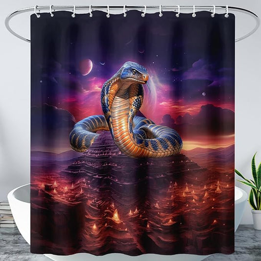 AILONEN 3D Snake Shower Curtain,Red Starry Retro Pyramid Snake Bath Curtain for Bathroom Decor,Terror Snake Printed Polyester Waterproof with 12 Plastic Hooks 72" W*72" H