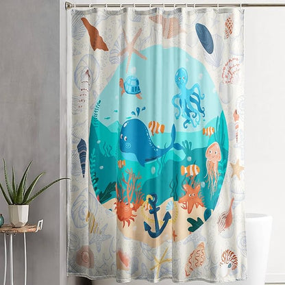 AILONEN Cartoon Dolphin Shower Curtain for Kids Boys Girls,Cute Sea Animals Waterproof Fabric Shower Curtain for Bathroom,Ocean Shell Theme Shower Curtain Set with Hooks,72" W*72" H