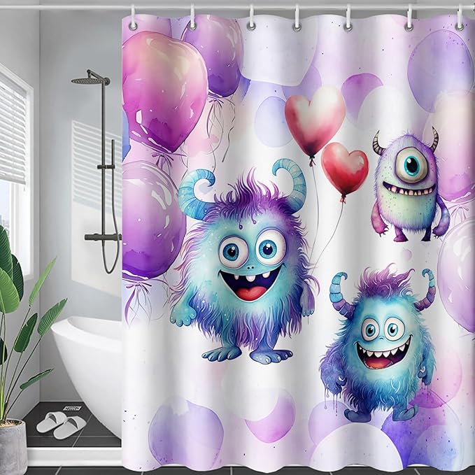 AILONEN Monster Shower Curtain for Bathroom, Cute Monster Purple Balloon Printed Bath Curtain,Women Girls Kids Minimalist Waterproof Fabric Shower Curtain Set with Hooks 72" W*72" H