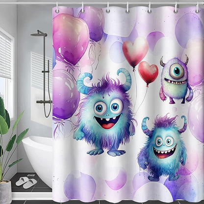 AILONEN Monster Shower Curtain for Bathroom, Cute Monster Purple Balloon Printed Bath Curtain,Women Girls Kids Minimalist Waterproof Fabric Shower Curtain Set with Hooks 72" W*72" H