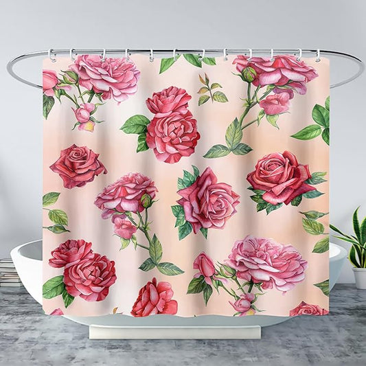AILONEN Rose Shower Curtain, Watercolor Red Rose Theme Waterproof Shower Curtain Set,Dreamy Romantic Vintage Flower Bathroom Decors for Girls Teens Women,36" W*72" H