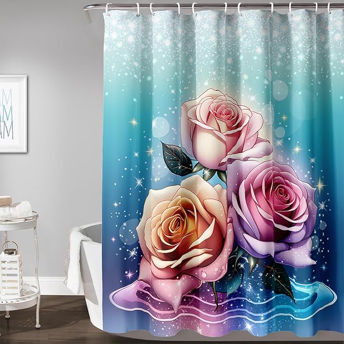 AILONEN Rose Shower Curtain for Bathroom Decor,Galaxy Pink Rose Bath Curtain Gifts for Girls Women,Modern Minimalism Curtain,Polyester Waterproof with 12 Plastic Hooks, 36" W*72" H