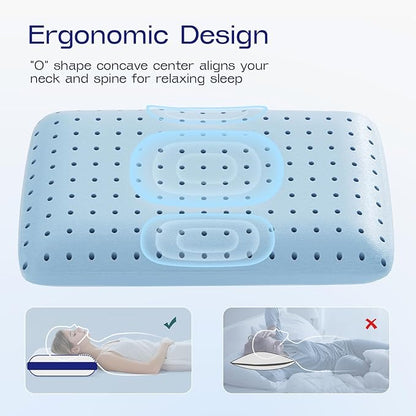 Memory Foam Soft Pillows for Sleeping - Cooling Bed Pillows for Hot Sleepers with Machine Washable Pillowcase - Ergonomic Memory Foam Pillow for Back Side Stomach Sleepers (Blue)