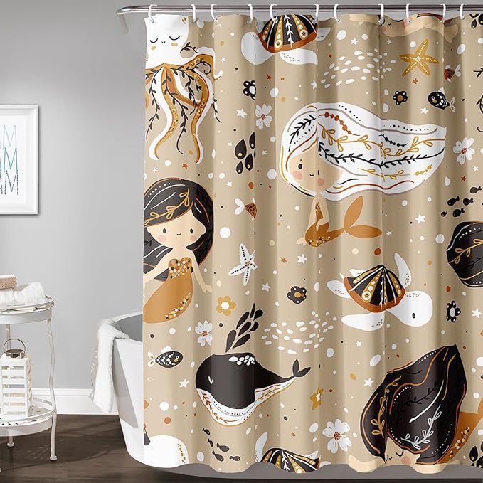 AILONEN Mermaid Shower Curtain,Octopus Whale Retro Mermaid Bath Curtain,Ocean Beach Polyester Waterproof for Bathroom,72" W*84" H with 12 Plastic Hooks