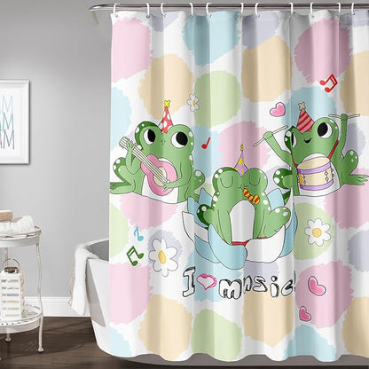 AILONEN Frog Shower Curtain, Cute Frog Bathroom Curtain,Music Frog Green Cartoon Kids Shower Curtain 72" W*78" H Polyester Waterproof Frog Bathroom Curtain with 12 Hooks