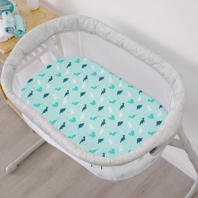 Bassinet Fitted Sheets 4 Pack Compatible with SNOO Smart Sleeper and UPPAbaby Bassinet, Ultra Soft and Skin-Friendly, Aqua Dinosaurs & White Ocean