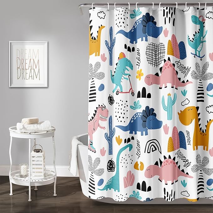 AILONEN Dinosaur Shower Curtain for Kids Boys,Cartoon Dinosaur Bath Curtain 48" W*72" H,Cactus Rainbow Dinosaur Waterproof Shower Curtain with 12 Plastic Hooks