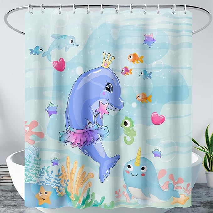 AILONEN Cute Dolphin Shower Curtain for Bathroom, Dolphin Fish Ocean Bath Curtain,Modern Minimalist Blue Waterproof Fabric Shower Curtain Set with Hooks 48" W*72" H