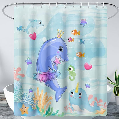 AILONEN Cute Dolphin Shower Curtain for Bathroom, Dolphin Fish Ocean Bath Curtain,Modern Minimalist Blue Waterproof Fabric Shower Curtain Set with Hooks 48" W*72" H