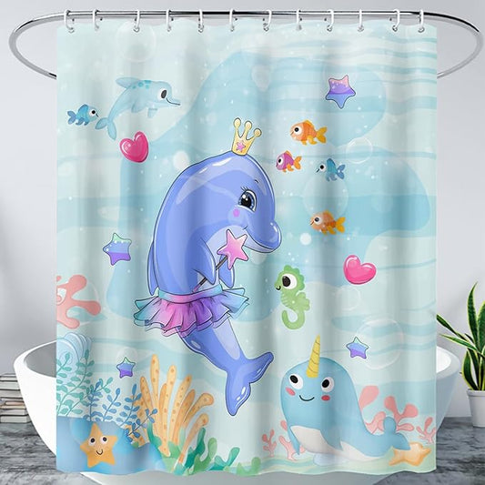 AILONEN Cute Dolphin Shower Curtain for Bathroom, Dolphin Fish Ocean Bath Curtain,Modern Minimalist Blue Waterproof Fabric Shower Curtain Set with Hooks 48" W*72" H