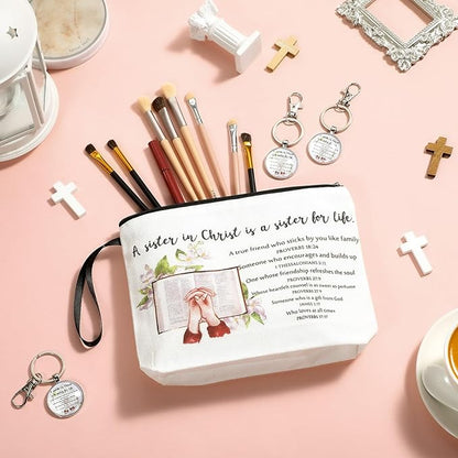 Cna Week Gifts Church Sister in Christ Makeup Bag Bible Verse Keychains for Women Birthday Friendship Gift