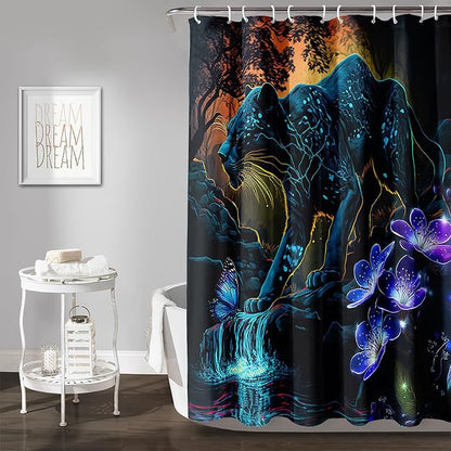 AILONEN Black Panther Shower Curtain,Glowing Panther Print Bath Curtain for Kids Boys Men,Wildlife Forest Cheetah Leopard Waterproof Shower Curtain for Bathroom, 36" W x 72" H
