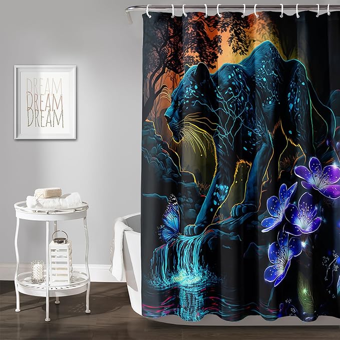 AILONEN Black Panther Shower Curtain,Glowing Panther Print Bath Curtain for Kids Boys Men,Wildlife Forest Cheetah Leopard Waterproof Shower Curtain for Bathroom, 60" W x 72" H
