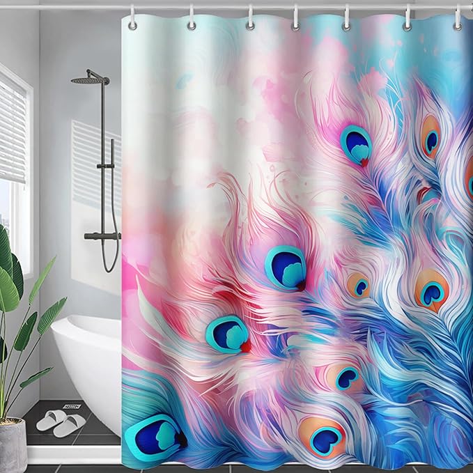 AILONEN Peacock Shower Curtain for Bathroom, Pink and Blue Peacock Feather Print Shower Curtain,Fashion Tie Dye Bath Curtain for Girls Women Waterproof 72" W*78" H