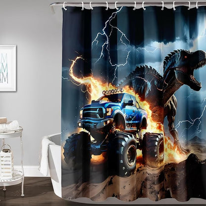 AILONEN Boys Dinosaur Shower Curtain, Monster Truck Bath Curtain,Lightning Roaring Dinosaur Kids Shower Curtain,Waterproof Curtain Bathroom 72" W*72" H Decor with 12 Plastic Hooks
