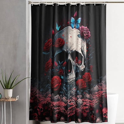AILONEN 3D Skull Shower Curtain,Oil Ren Rose with Ruins Skull Skeleton Design Shower Curtain Set for Boys Girls Teens,Gothic Skull Waterproof Fabric Shower Curtain for Bathroom,36" W*72" H