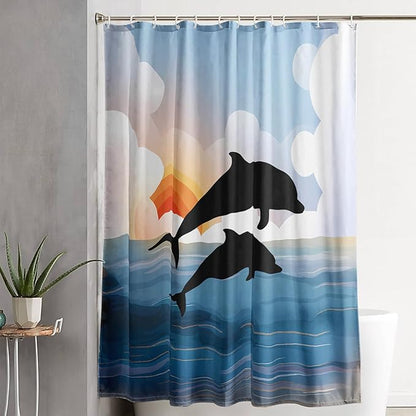 AILONEN Cartoon Dolphin Shower Curtain,Jumping Dolphin Bathroom Curtains for Kids,Girls,Sunset by The Sea Theme Shower Curtains Set with Hooks for Bathroom,72" W*96" H