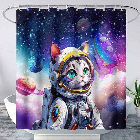 AILONEN Cartoon Astronaut Cat Shower Curtain Set for Kids Boys, Rainbow Rocket Waterproof Fabric Shower Curtain Curtain for Bathroom,Joyful Cat Galaxy Planet Shower Curtain Liner,36" W*72" H