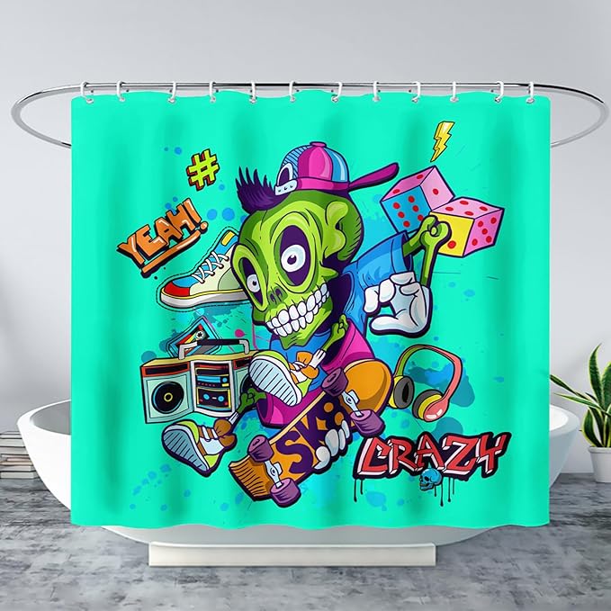 AILONEN Skate Skull Shower Curtain for Bathroom,Green Hip Hop Sport Skull Art Bathroom Curtain for Kids Girls Teen,Bath Curtain 36" W*72" H Polyester Waterproof Bathroom Curtain with 12 Hooks