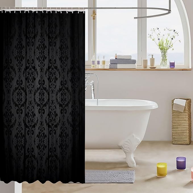 Feelyou Black Damask Pattern Shower Curtain 72"x84" Kids Vintage Floral Bathroom Shower Curtain Set for Boys Girls Teens Antique Victorian Baroque Bath Curtain Baroque Style Bathroom Accessories